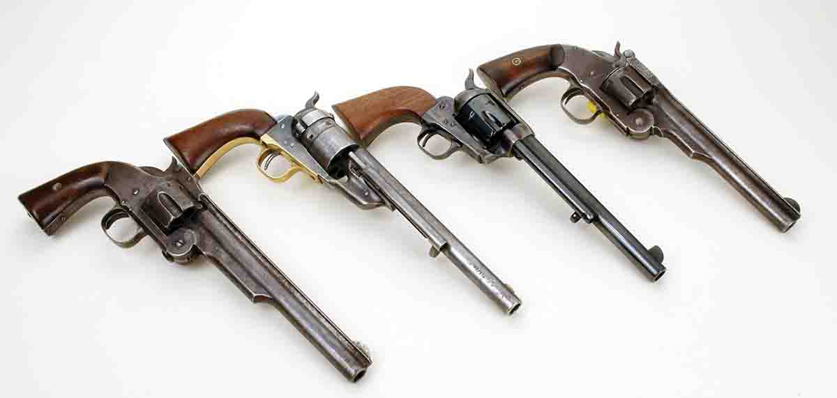 For a brief period, the .44 Colt was a U.S. military revolver cartridge used in Colt’s Richards Conversion shown second from left. The other revolvers also were U.S. issue at one time or the other. On the far left is a S&W Model No. 3 .45 “Schofield.” Third from left is a Colt SAA .45, and far right is S&W Model No. 3 .44 American.
